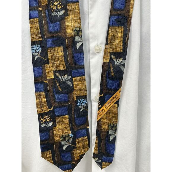 Ermenegildo Zegna Tie Gold Blue Geo Floral 100% Silk Necktie Italy Made Classic - Picture 6 of 6